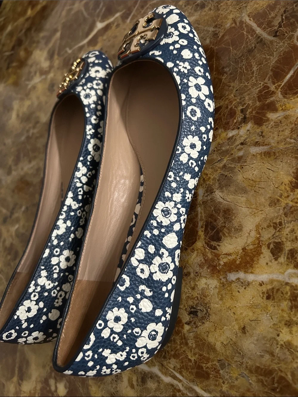 Tory Burch Navy and White Floral Logo Ballet Flats, size 8.5
